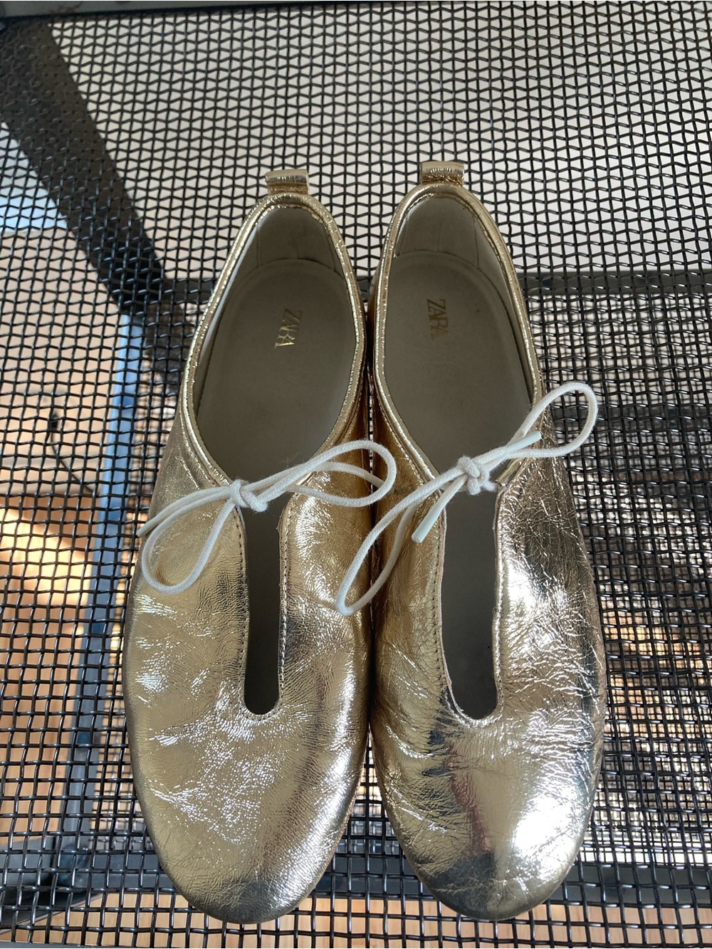 ZARA Shiny Gold Ballet Flats with White Tie